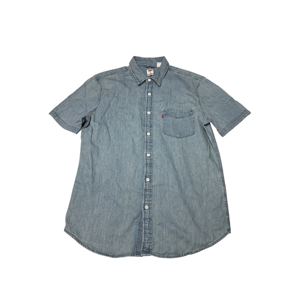 Levis Mens Standard Fit Short Sleeve‎ Denim Button Down Shirt Light Wash Blue M